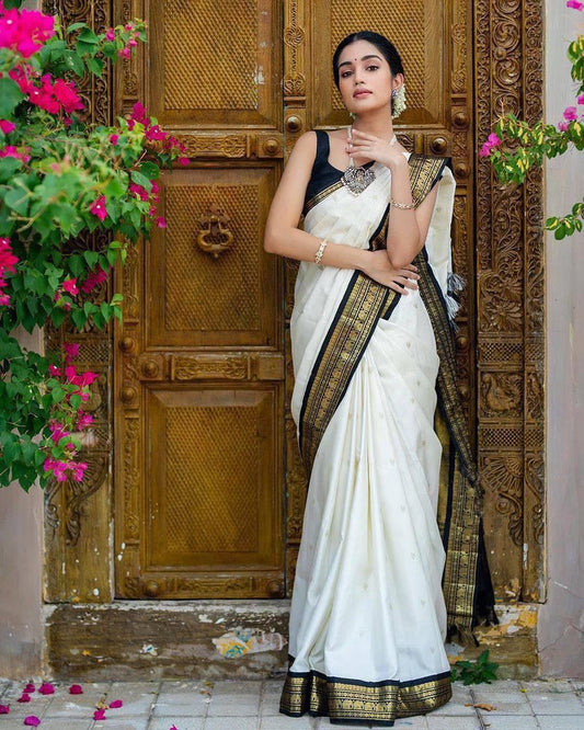 Black & White Soft Lichi Silk Jacquard Saree