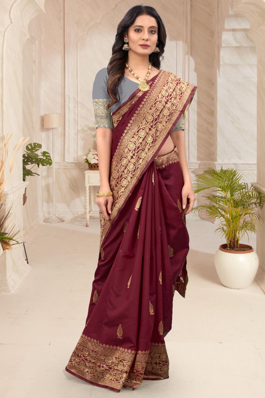 Maroon & Gold Contrast Soft Lichi Silk Saree