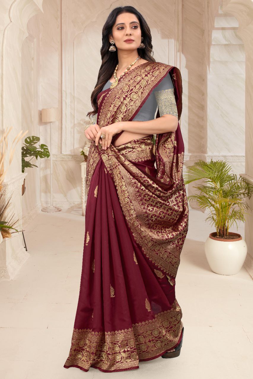 Maroon & Gold Contrast Soft Lichi Silk Saree