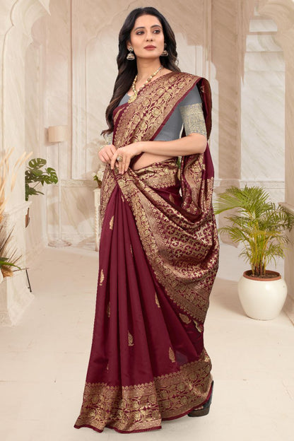 Maroon & Gold Contrast Soft Lichi Silk Saree