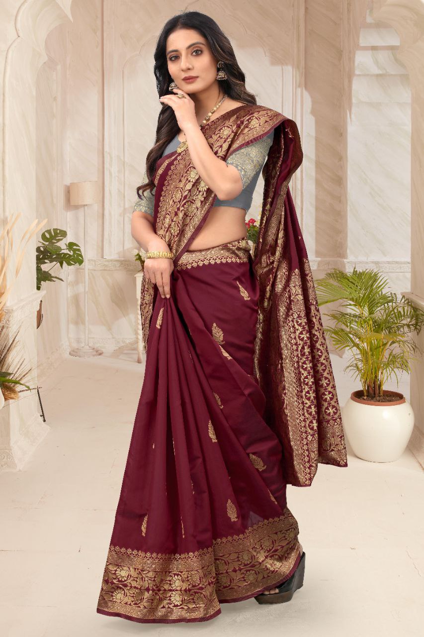 Maroon & Gold Contrast Soft Lichi Silk Saree
