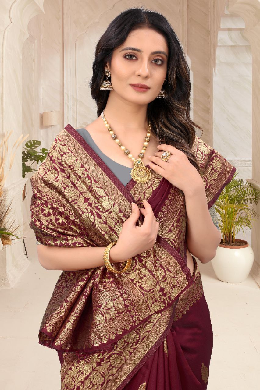 Maroon & Gold Contrast Soft Lichi Silk Saree