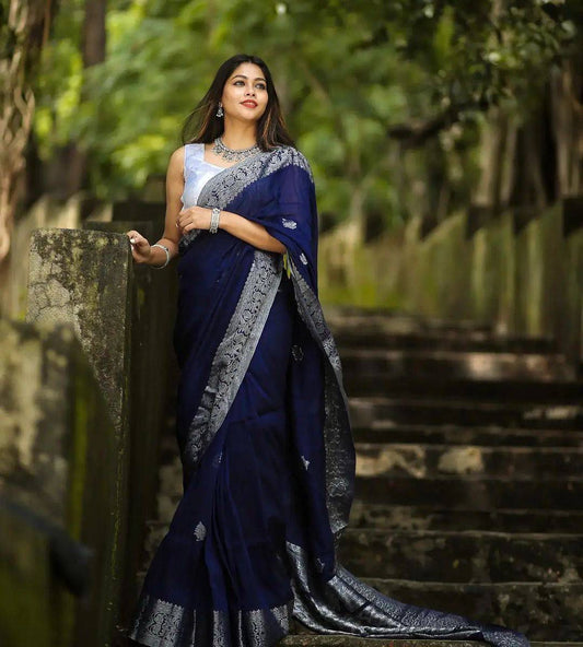 Navy Blue Soft Lichi Silk Jacquard Saree