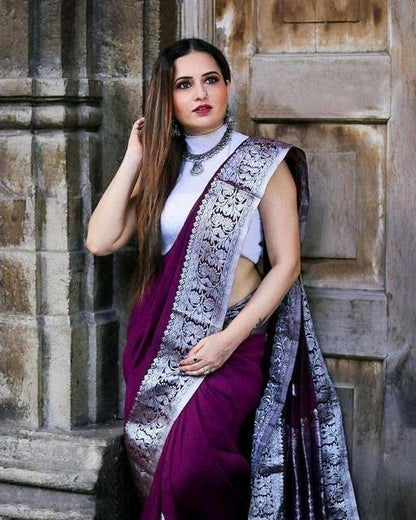 Wine Soft Lichi Silk Classic Jacquard Saree