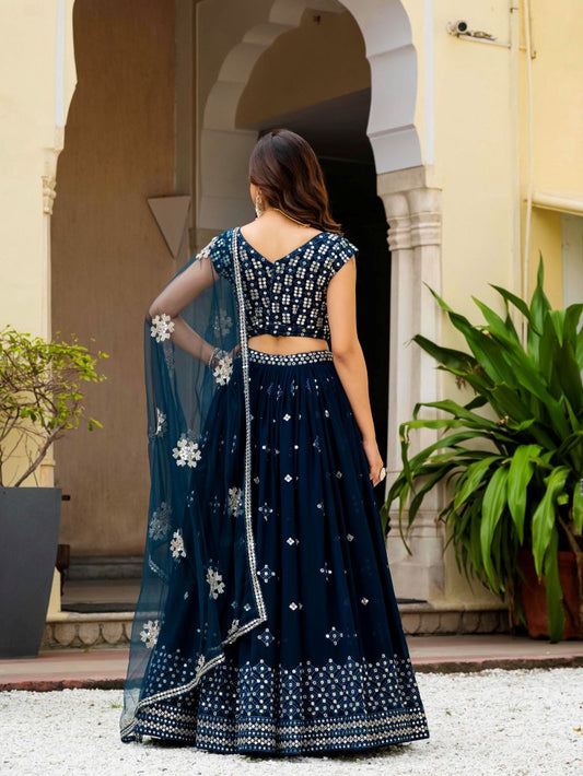 Embroidered Georgette Teal Blue Wedding Wear Lehenga Choli