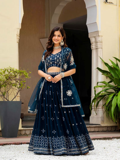 Embroidered Georgette Teal Blue Wedding Wear Lehenga Choli