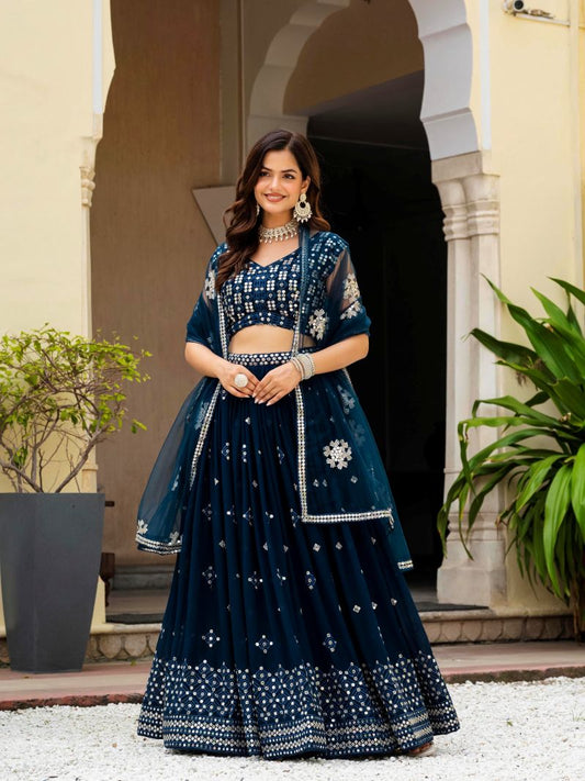 Embroidered Georgette Teal Blue Wedding Wear Lehenga Choli