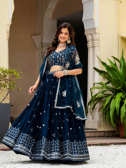 Embroidered Georgette Teal Blue Wedding Wear Lehenga Choli