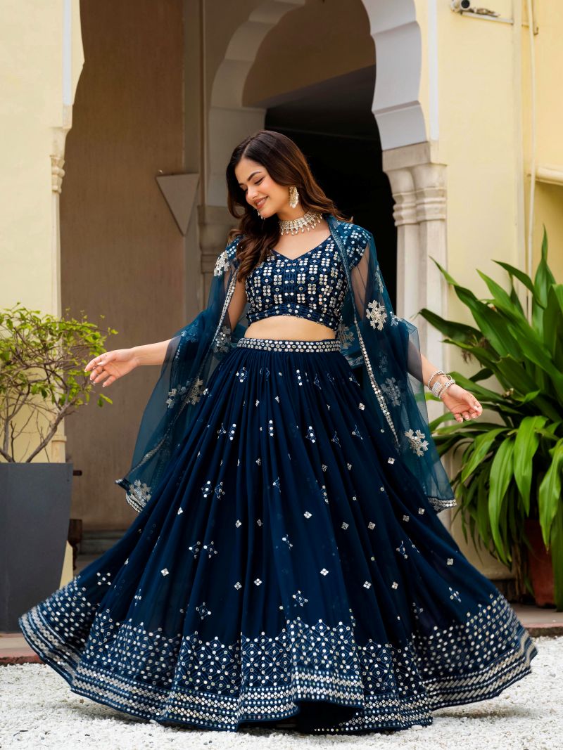 Embroidered Georgette Teal Blue Wedding Wear Lehenga Choli