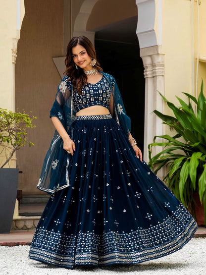 Embroidered Georgette Teal Blue Wedding Wear Lehenga Choli