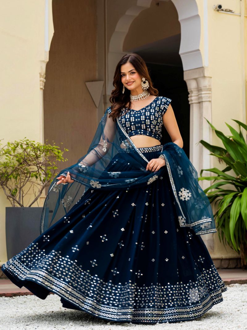 Embroidered Georgette Teal Blue Wedding Wear Lehenga Choli