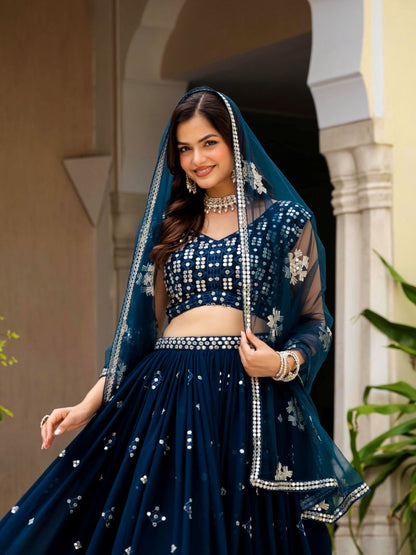 Embroidered Georgette Teal Blue Wedding Wear Lehenga Choli