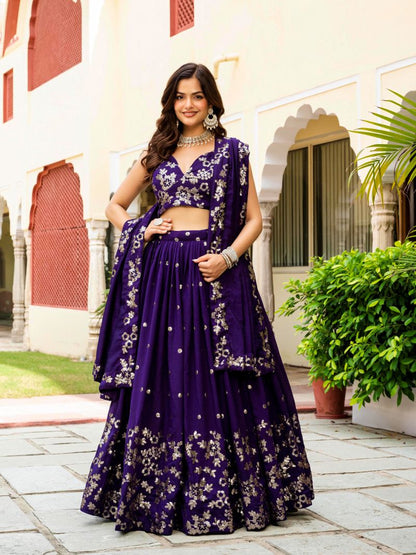 Embroidered Georgette Purple Lehenga Choli For Women