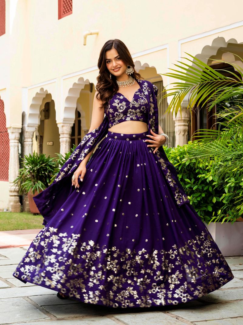 Embroidered Georgette Purple Lehenga Choli For Women