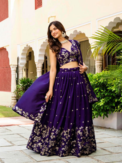 Embroidered Georgette Purple Lehenga Choli For Women