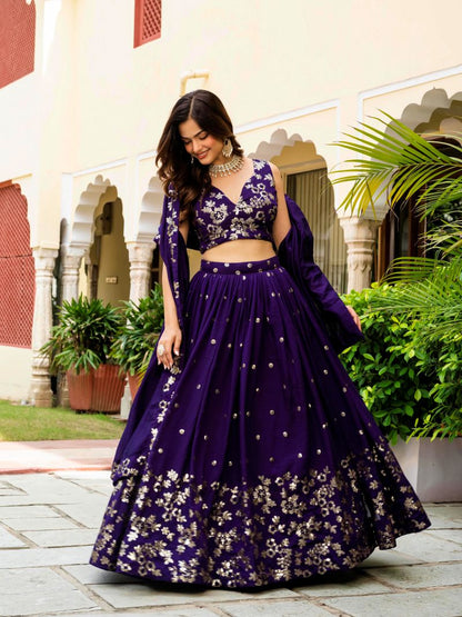 Embroidered Georgette Purple Lehenga Choli For Women