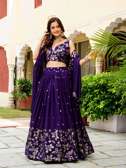 Embroidered Georgette Purple Lehenga Choli For Women