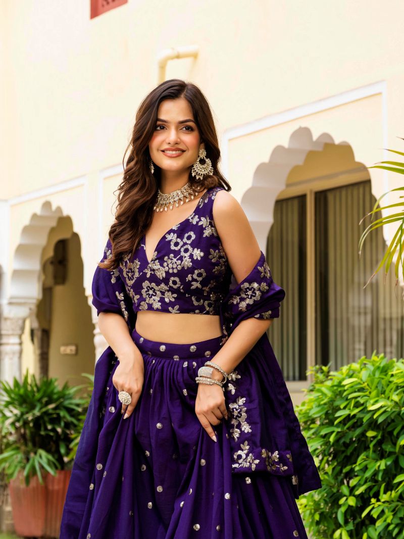 Embroidered Georgette Purple Lehenga Choli For Women