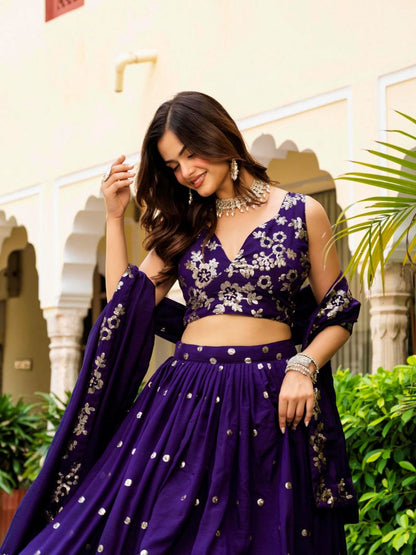 Embroidered Georgette Purple Lehenga Choli For Women