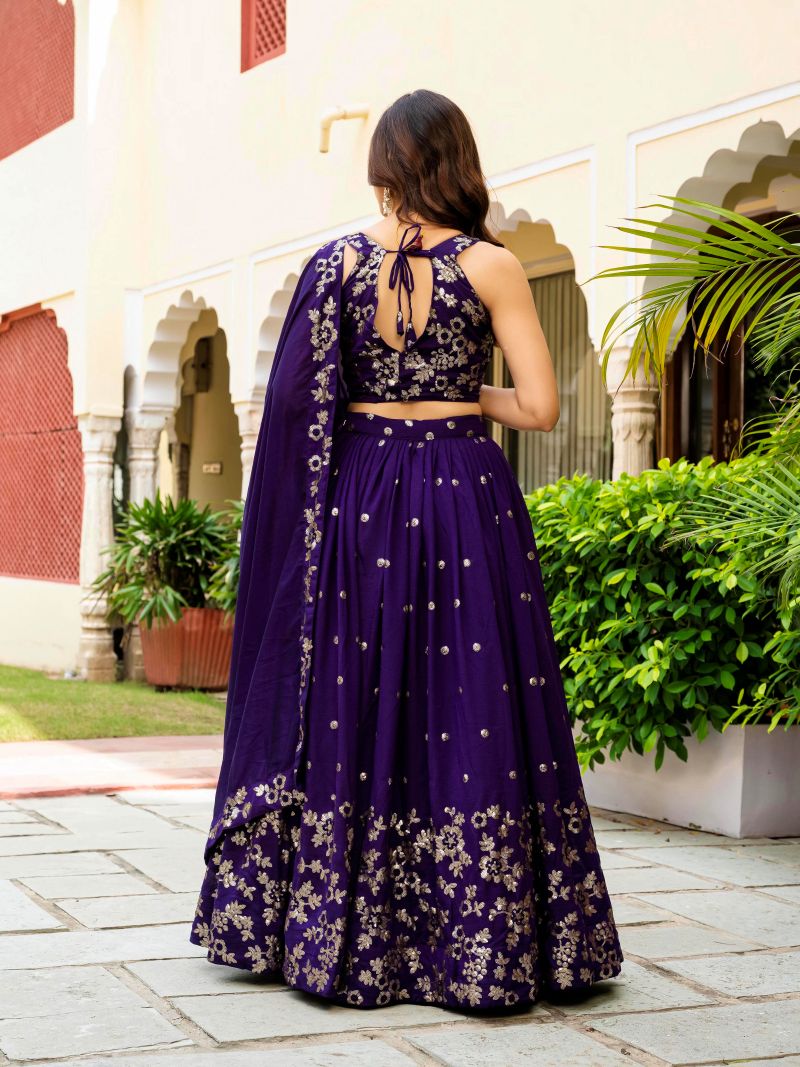 Embroidered Georgette Purple Lehenga Choli For Women