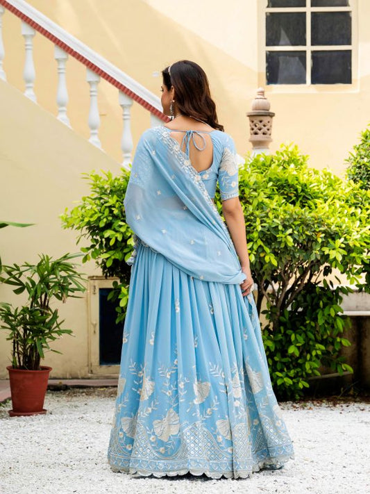Georgette Sky Blue Lehenga Choli For Party