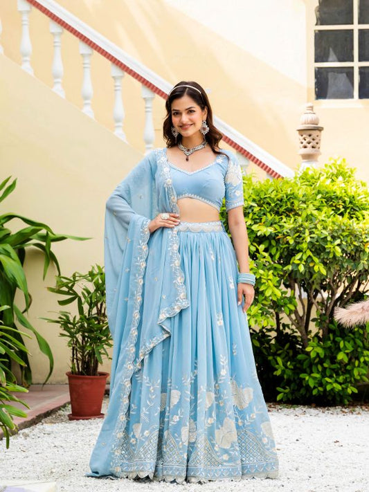 Georgette Sky Blue Lehenga Choli For Party