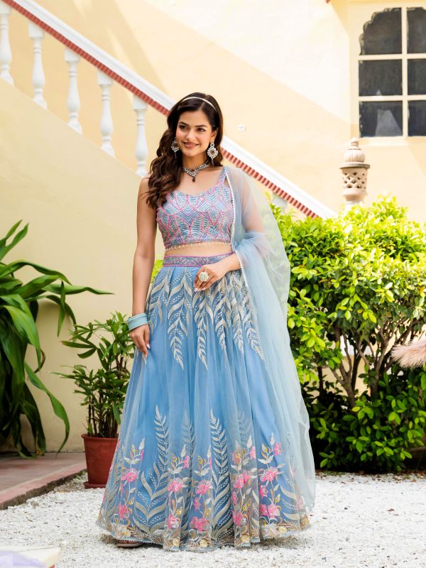 Sky Blue Reception Wear Net Lehenga Choli