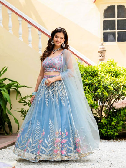 Sky Blue Reception Wear Net Lehenga Choli