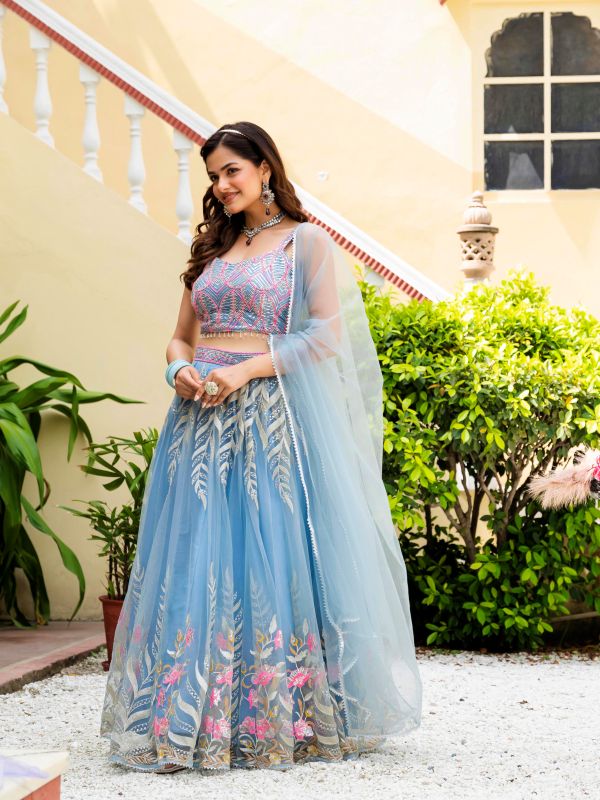 Sky Blue Reception Wear Net Lehenga Choli