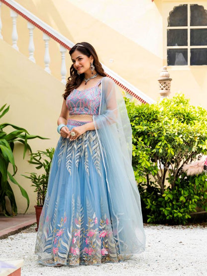 Sky Blue Reception Wear Net Lehenga Choli