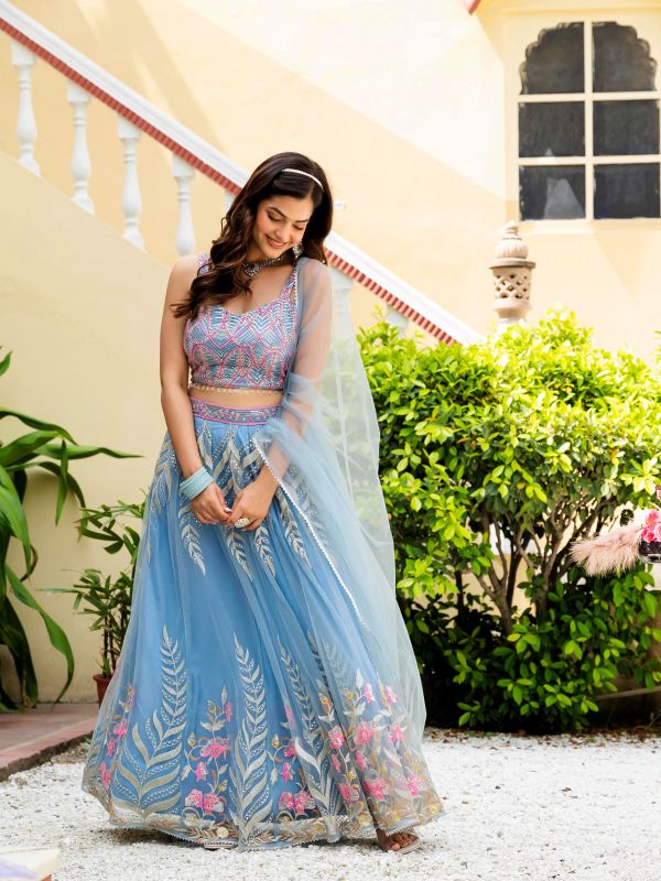 Sky Blue Reception Wear Net Lehenga Choli