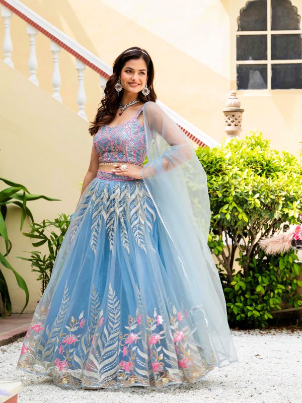 Sky Blue Reception Wear Net Lehenga Choli
