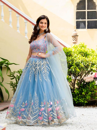 Sky Blue Reception Wear Net Lehenga Choli