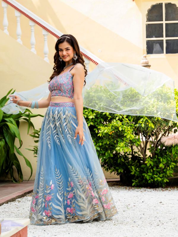Sky Blue Reception Wear Net Lehenga Choli