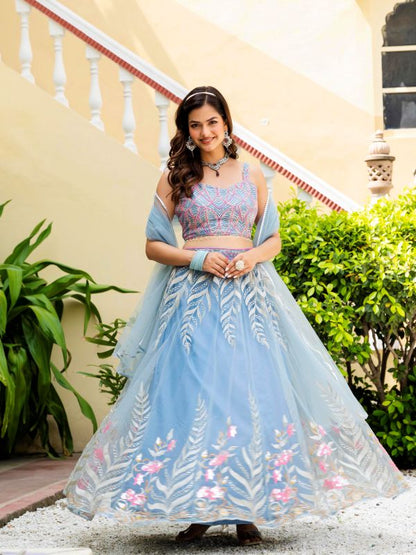 Sky Blue Reception Wear Net Lehenga Choli