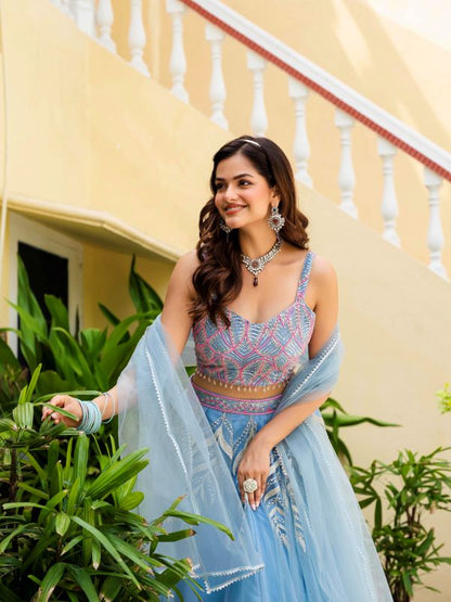 Sky Blue Reception Wear Net Lehenga Choli