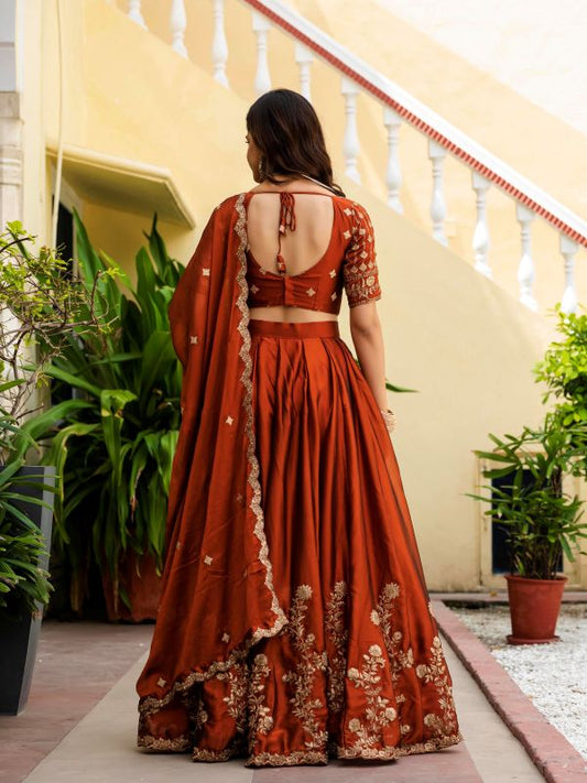 Embroidered Orange Silk Lehenga Choli Set For Women
