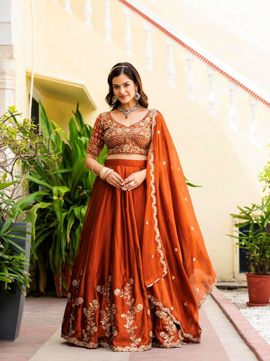 Embroidered Orange Silk Lehenga Choli Set For Women