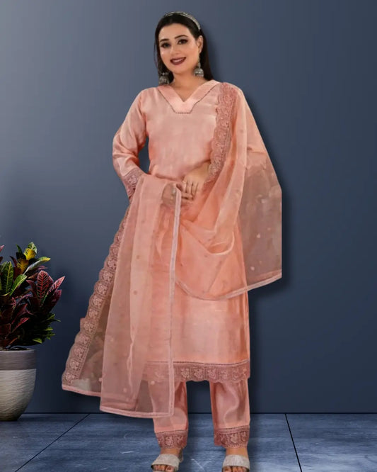Peach Roman Silk Kurti with Organza Dupatta & Pant Set