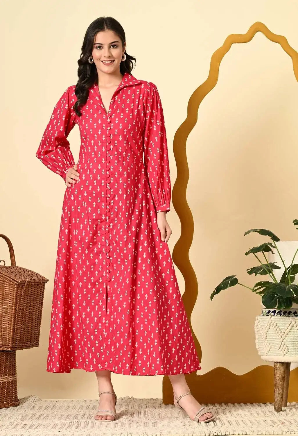 Pink Printed A-Line Dress with Puff Sleeves