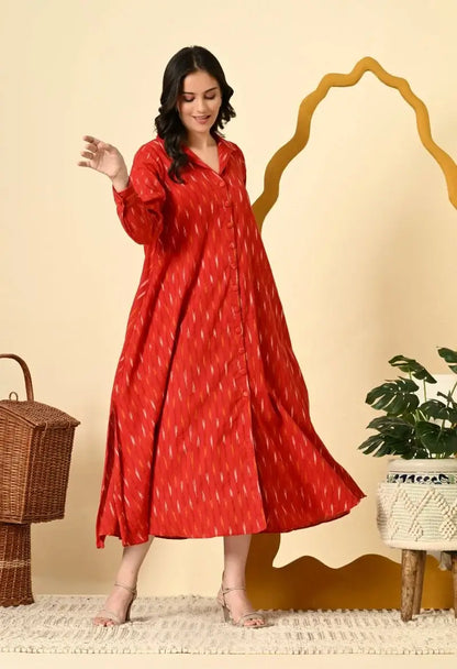 Red Handloom Ikat Relaxed Fit Dress