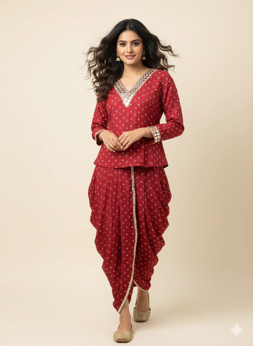 Red Mirror-Work Dhoti Set with Printed V-Neck Top for Women