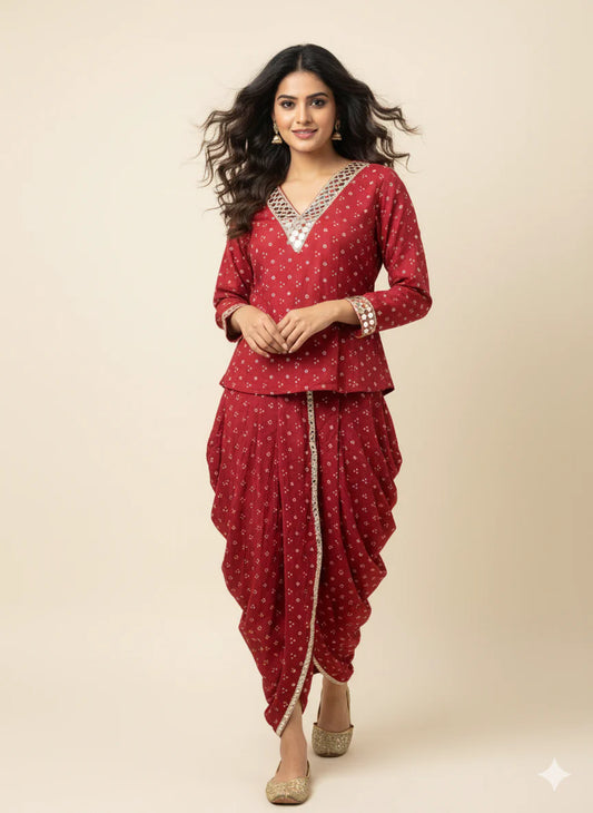 Red Mirror-Work Dhoti Set with Printed V-Neck Top for Women