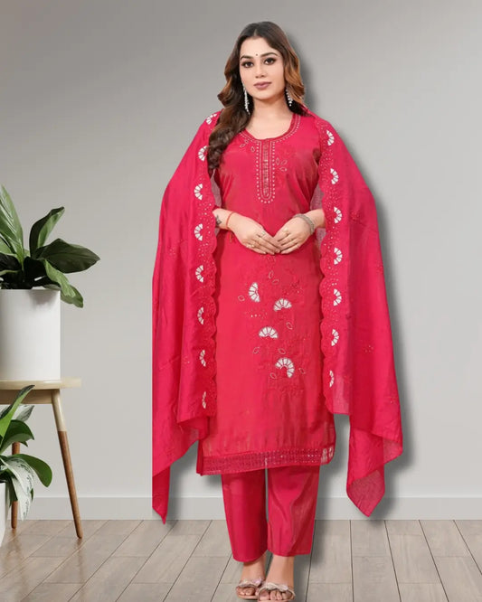 Red Tissue Shimmer Kurti with Roman Pant & Dupatta Set