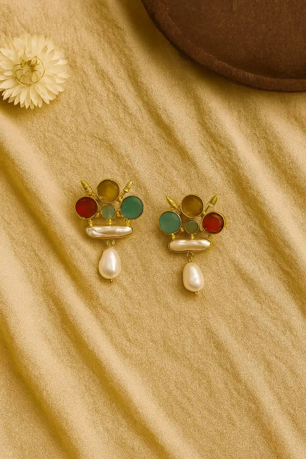 Red Blue Gold Drop Earrings with Pearls for Women