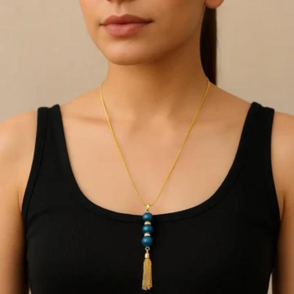 Royal Blue Beaded Tassel Pendant Necklace