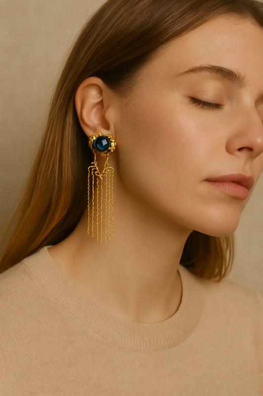 Royal Blue Stone & Gold Fringe Earrings for Women