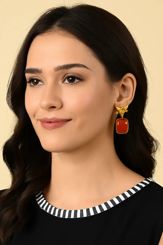 Ruby Red Gold-Plated Bull Crown Earrings for Women
