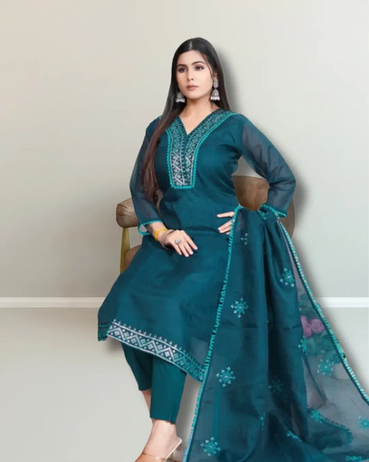 Teal Green Kota Check Kurti with Pant & Dupatta Set