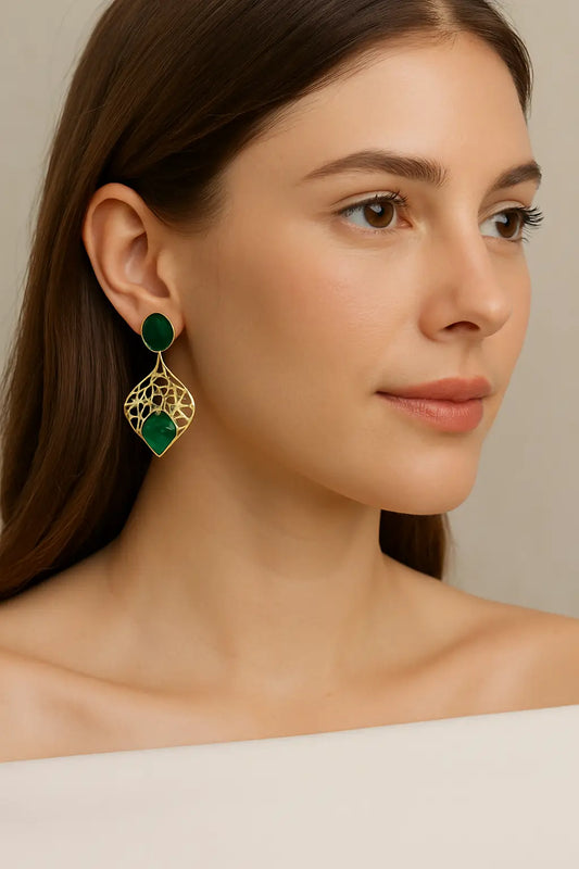 Teardrop Green & Gold Net Earrings for Women